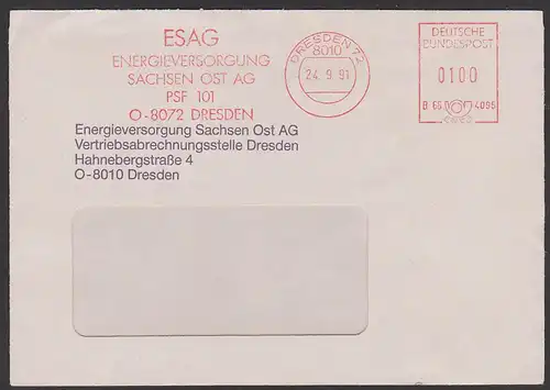 ... O-8072" 1991, mit Postleitzahl "O" für Verkehrsgebiet Ost AFS DRESDEN "ESAG Energieversorgung