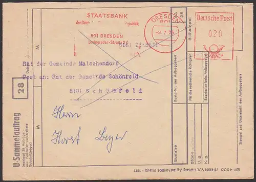 DRESDEN "Staatsbank der Deutschen Demokratischen Republik..."  auf Ü-Sammelauftrag-Umschlag 1975