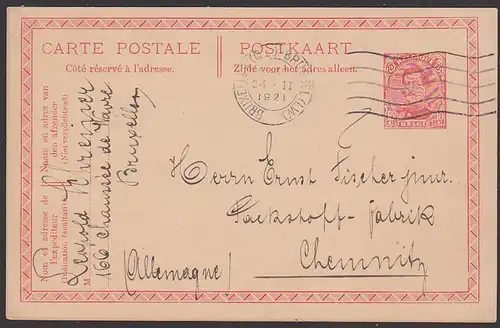 postkaart 10 C Ganzsache Brüssel Bruxelles nach Chemnitz 1921