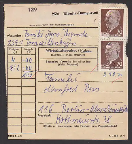 Paketkarte Ribnitz-Damgarten mit PSSt. Trinwillershagen, frankiert 70 Pf. (2) Walter Ulbricht portorichtige MeF