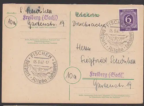 Fischen Allgäu Sonderstempel 1947 auf Drucksachenkarte mit 6 Pfg. Ziffern, Skisport