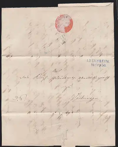 ADELSHEIM Baden-Württemberg 1850 Altbrief nach Vaihingen, Faltbrief  re. eingerissen, Vs. in Ordnung