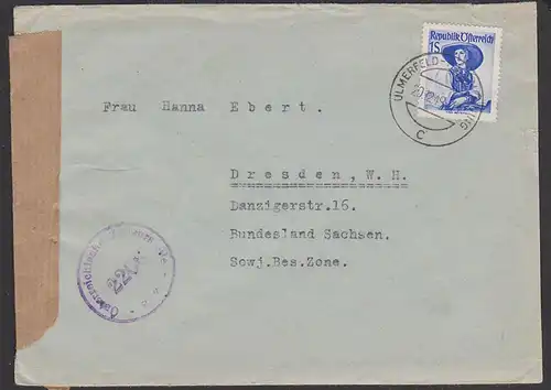 Ulmerfeld-Hausmening nach der SBZ sowjetische Besatzungszone Österreich Zensurstelle 2206 Brief