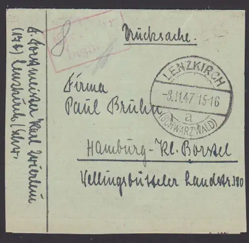 Lenzkirch (Schwarzwald) Barfranaktur Gebühr bezahlt 1947 Drucksache, 3 Seiten offen