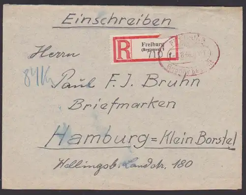 Freiburg (Breisgau) R-Brief Gebühr bezahlt 9.8.1946 nach Hamburg KleinBorstel