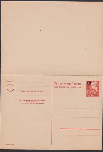 DDR 20 auf 30 Pf. Doppel-GA  (Mi.Nr. P43) ungebraucht Friedrich Engels