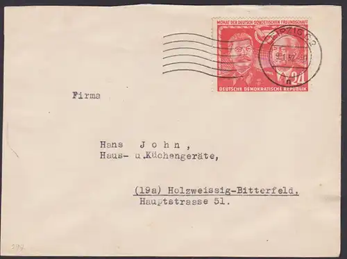 Leipzig Deutsch-Sowjetische Freundschaft Wilhelm Pieck u. Jossif Stalin (MiNr. 297 EF 30,-) Fernbrief