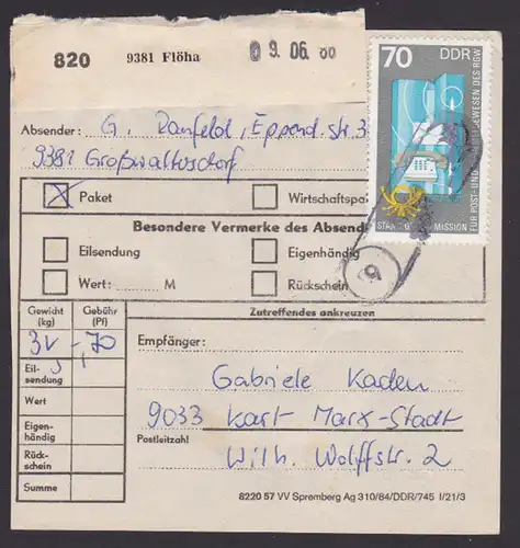 Paketkarte mit 70 Pf  RGW-Gebäude in Moskau PSSt. (9) Flöha Großwaltersdorf portogenaue EF MiNr. 2873