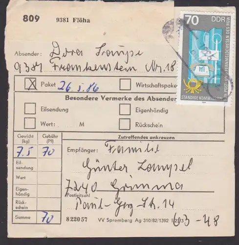 RGW-Gebäude in Moskau PSSt. (7) Flöha Frankenstein portogenaue EF MiNr. 2873 DDR postintern Paketkarte mit 70 Pf