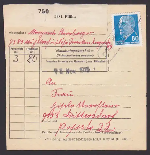 postintern Paketkarte mit 80 Pf- Walter Ulbricht PSSt. Flöha Mühlbach portogenaue EF MiNr. 1331