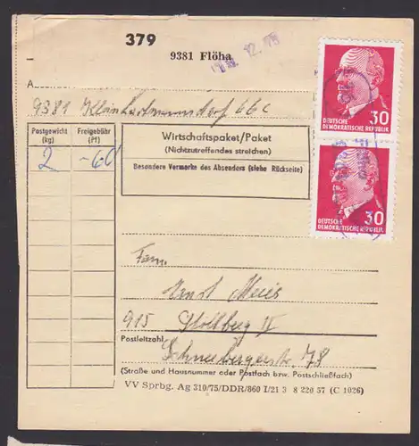 Flöha postintern Paketkarte mit 30 Pf- Walter Ulbricht PSSt. (16) Flöha Kleinhartmansdorf portogenaue MeF MiNr. 935(2)