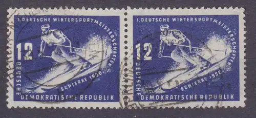 Abfahrtslauf 12 Pf Erste Wintersportmeisterschaften der DDR in Schierke Harz, DDR Mi 246(2), waagerechtes Paar