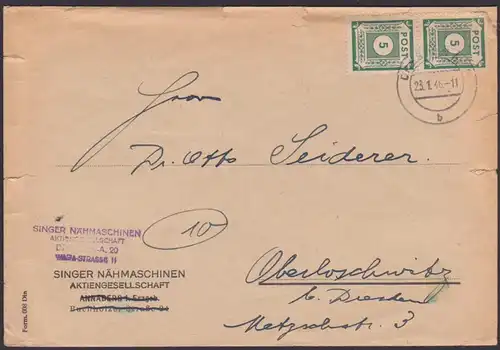 SBZ Ost-Sachsen 5 Pfg. (2) MiNr. 57,  Ortsbrief Dresden Singer Nähmaschinen