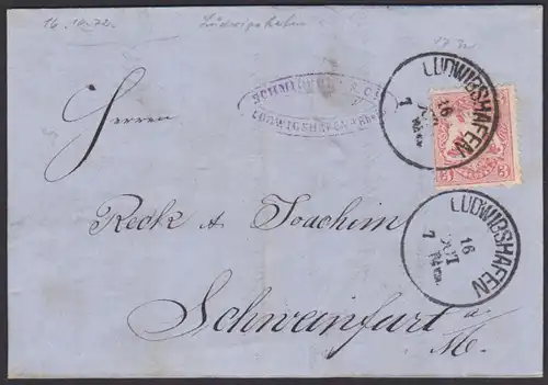 Königreich Bayern 1872 3 Kr. gez. Faltbrief aus Ludwigshafen nach Schweinfurt, mit Text