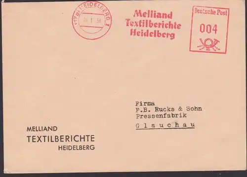 Heidelberg 1950 AFS =004= Melliand Textilberichte, Drucksache in die DDR nach Glauchau