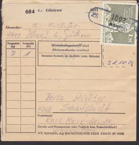 Güstrow PSSt. (18) Klueß Paketkarte postinterna, Inlandspaket, 1 M Sowjetisches Ehrenmal Berlin Treptow