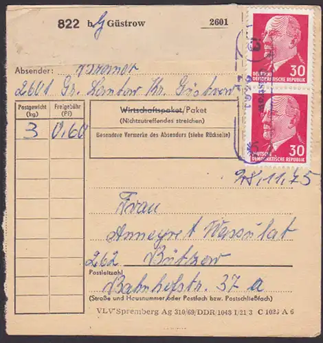 Güstrow PSSt. (13) Groß Lamtow Paketkarte postinterna, Inlandspaket, 30 Pf(2) Walter Ulbricht portogenau