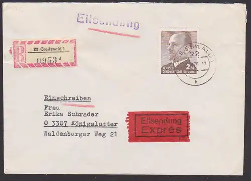 Walter Ulbricht MiNr. 1482 DDR 2 M(ark)  als Einzelfrankatur auf R-Brief , Eilsendung aus Greifswald nach Königslutter