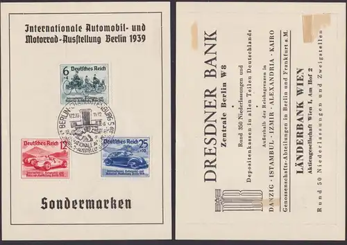 Germany FDC (MiNr. 686-68) Gedenkblatt Internationale Automobil- und Motorrad-Ausstellung Berlin 1939 Dresdner Bank