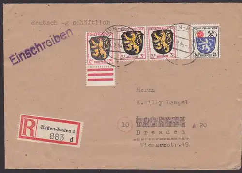 Baden-Baden R-Brief nach Dresden zum Reichspostporto, Zone Francaise