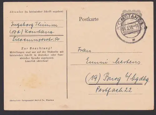 Südbaden Behelfsausgaben P 836I Konstanz nach der SBZ Burg bei Magdeburg, 1946, 12 Rpf. Gebühr bezahlt