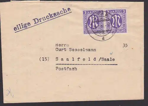 Unna Westfalen 3 Pfg. (2) AMP amerikanischer Druck auf eilige Drucksache nach Saalfeld (MiNr. 1)