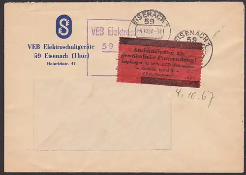 EISENACH VEB Elektroschaltgeräte 1967 roter Pergaminzettel ZKD-Kontrolle "Aushändigung als gewöhnliche Post!"