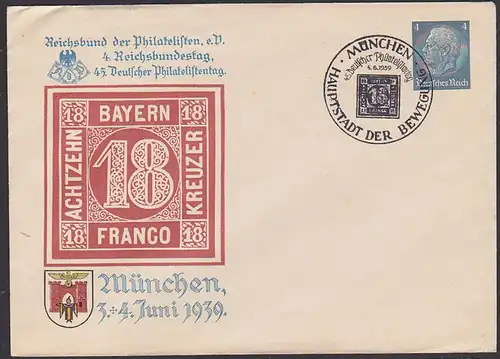 Hindenburg Privatganzsache Umschlag SoSt. 1939 München Reichsbund der Philatelisten Abb. 18 Kreuzer Bauern