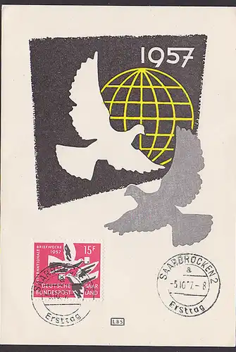 MC Saarland Anlasskarte Mi. 406 Internationale Briefwoche 1957 Weltkugel Ersttag