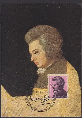 MC 1M Wolfgang Amadeus Mozart auf Fotokarte mit SSt. DDR Marke aus Block 62 mit Ersttagsstempel