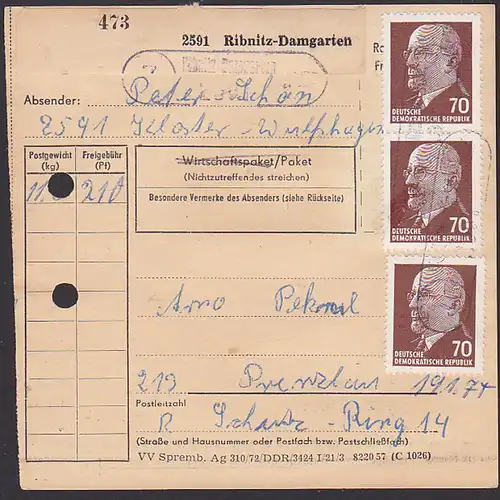 Kloster-Wulfshagen postintern 70 Pf(3) Walter Ulbricht Ribnitz-Damgarten Paketkarte portogenau