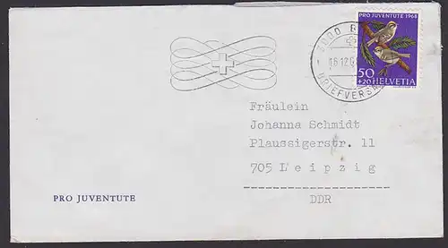 Bern Helvetia Bern Auslandsbrief nach Leipzig mit 50+20 Pro Juventute Vögel 1964