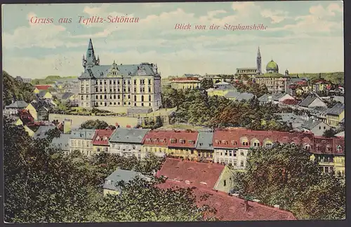 Teplitz Schönau CAK Blick von der Stephanshöhe 1909, Vignette Gasthof Teplitz zum Tiroler