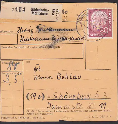 Hildesheim-Moritzberg 80 Pfg. Theodor Heuss als EF auf Paketkarte  nach der DDR  (MiNr. 192)