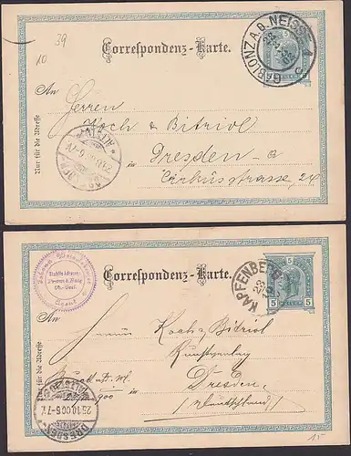 Gablonz a. d. Neisse,  kaiserlich österreich. Post 2 Ganzachen zu 5 Heller, Karpfenberg, 1* priv. Zudruck H. Rössler