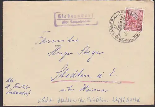 Liedersdorf über Sangerhausen, Brief mit Poststellenstempel und SSt. Berg- und Rosenstadt