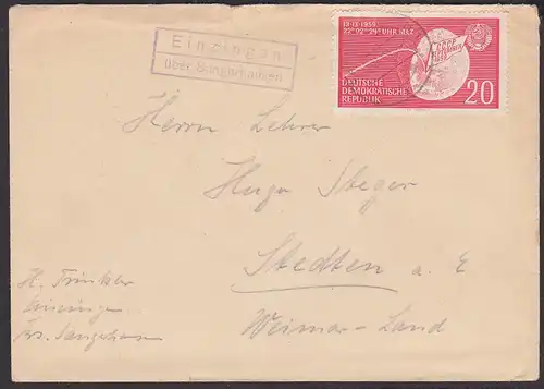Einzingen  über Sangerhausen, Brief mit Poststellenstempel und SMke Lunik 2 Landung auf Mond sowjetische Raumfähre
