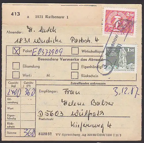 Paketkarte 60 Pf. Dresden Zwinger Kronentor ua., PSSt. (3) 1831 Rathenow  Wudicke nach der BRD -postinterna-