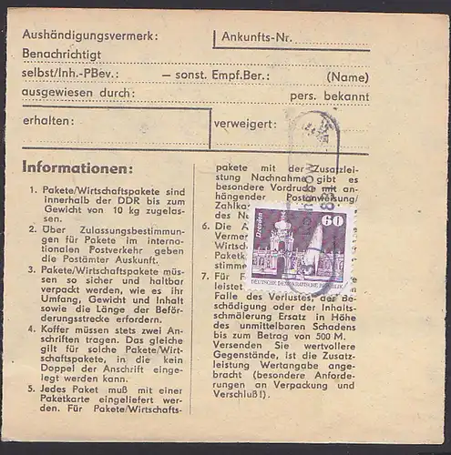 Paketkarte 60 Pf. Dresden Zwinger Kronentor ua., PSSt. (3) 1831 Rathenow  Wudicke nach der BRD -postinterna-