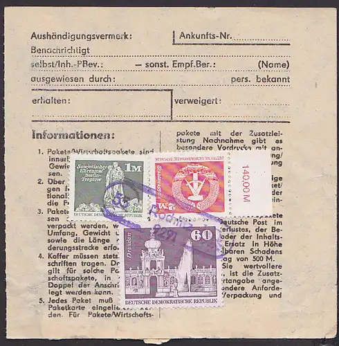 Schlaisdorf Paketkarte 60 Pf. Dresden Zwinger Kronentor ua., PSSt. (55) 9291 Rochlitz nach der BRD -postinterna-, 2 M OR