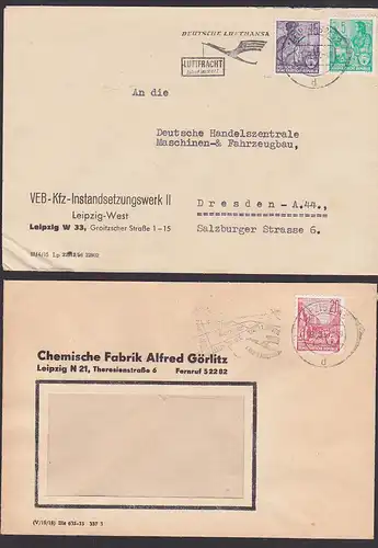 Deutsche Lufthansa 2 lettre MWSt. "Luftfracht lohnt immer!" sicher und bequem in alle Welt Kranich, Leipzig