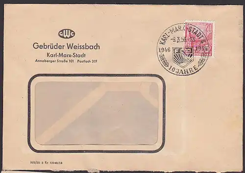 cover Karl-Marx-Stadt DDR "10 Jahre FDJ" WSt. Emblem Freie Deutsche Jugend, Abs.: Gebrüder Weissbach