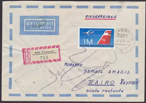 Luftpost 1 DM, Mi.Nr. 1752 Düsenflugzeug Jet Auslands-R-Brief nach Ägypten rs. Bearbeitungsstempel
