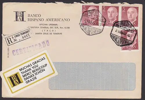 Espana Spanien S. Cruz Teneriff Banco hispano americano certificado cover lettre 1974