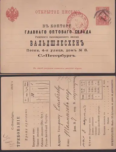 Petersburg Leningrad Ganzsache 9. APR 1891 mit privatem Zudruck, bayerischen Bier Getränke, pivo