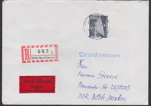 Radioteleskop (Mi. 859 20,-), portogenaue Einzelfrankatur R-Bf Bad Oldesloe Eil-Sendung nach der DDR