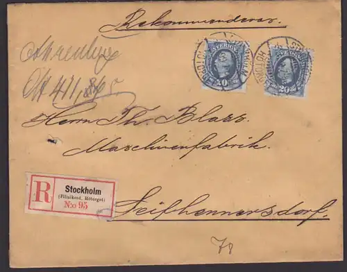 Sverige Schweden R-Brief Stockholm Filialkont. Hötorget, 20 Oere(2) nach Seifhennersdorf Deutschland