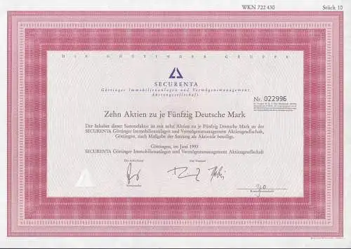 Original-Aktie der Göttinger Immobilienanlagen SECURENTA 10 Stück zu 50,- DM mit Anteilscheinen, gute Erhaltung