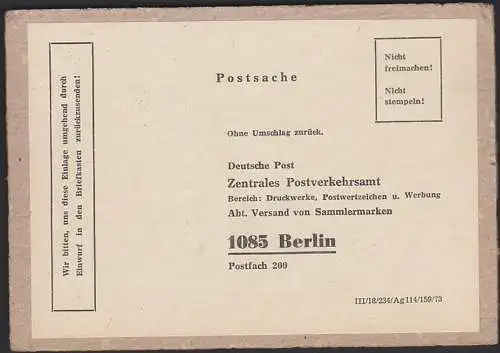 Postsache Karton als Verstärkung zum Versand der Sammlermarken aus Berlin zweiseitig mit Dv III/18/234/Ag 114/159/73