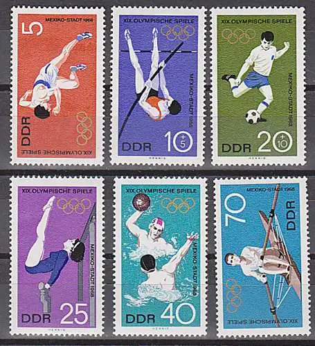 Olympische Sommerspiele Mexiko Fußball Rudern Wasserball Stufenbarren Turnen DDR 1404/09 ** postfrisch